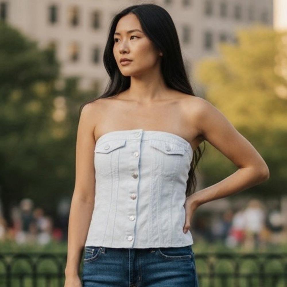 NWT Zara Womens Smoked Back Button Metallic Silver Denim Strapless Corset Size M